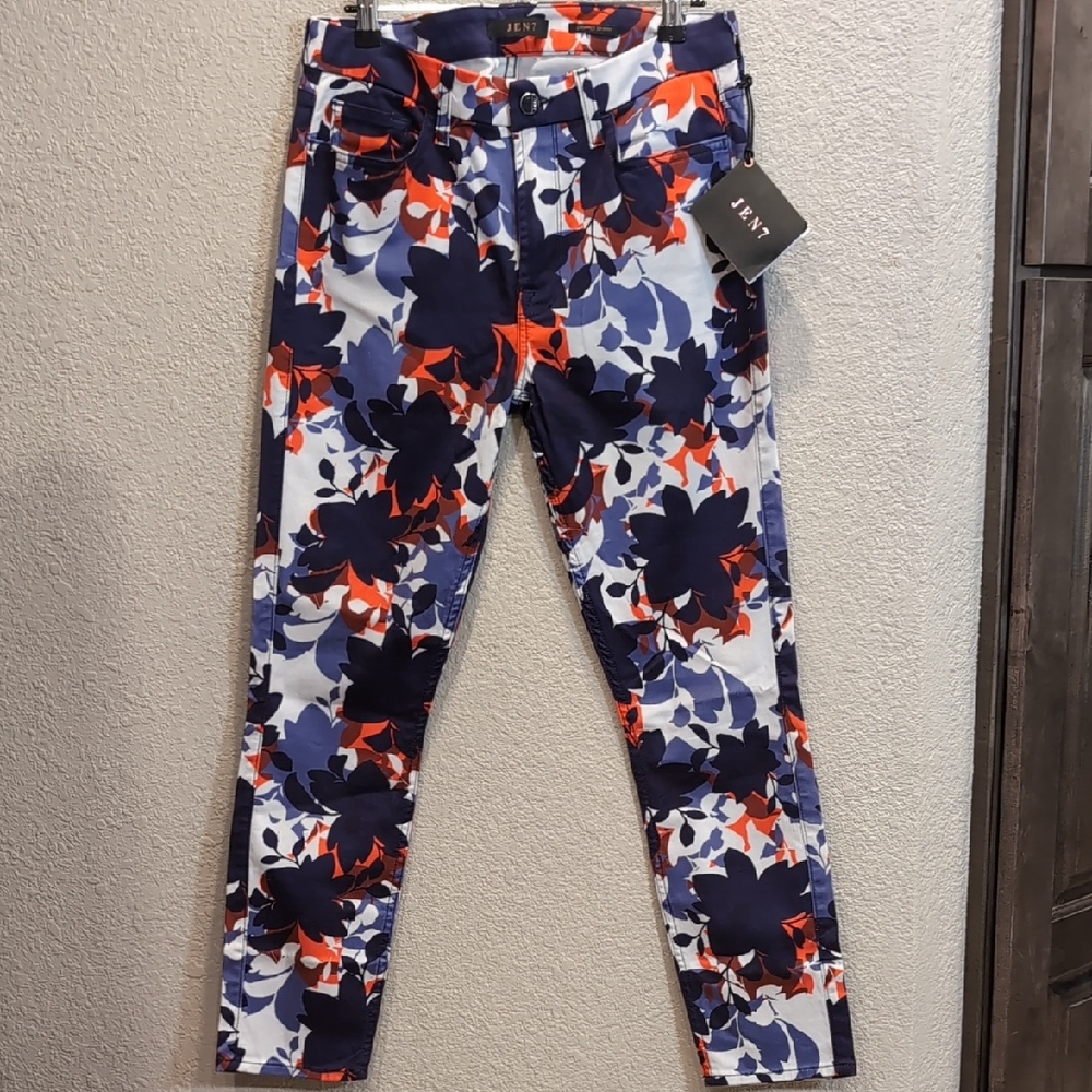 Jen7 Navy and Orange Floral Pants